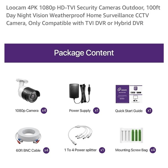 Loocam 4PK 1080p HD-TVI Security Cameras Outdoor, 100ft Day Night Vision - Picture 5 of 14